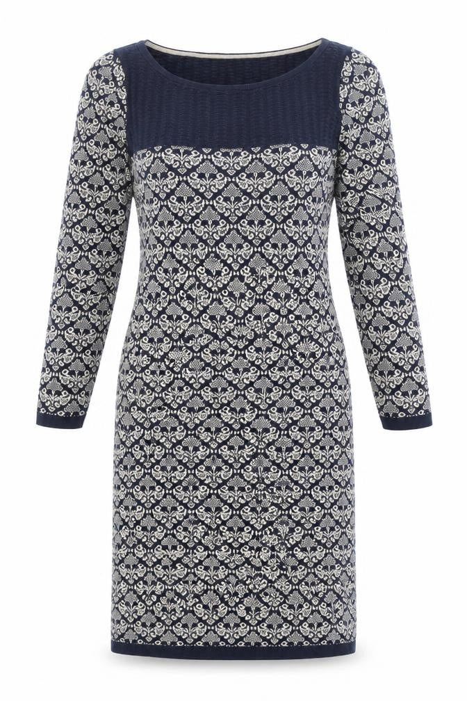 Monsoon Womens Blue Geometric 100% Cotton Sheath Size S Boat Neck Pullover