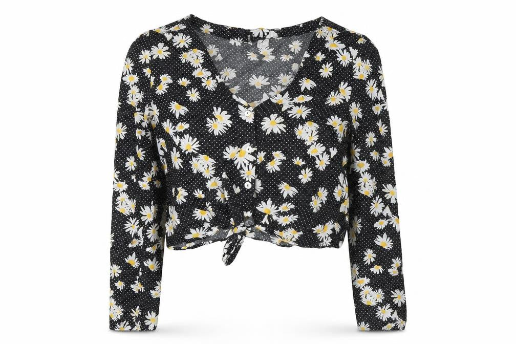 Divided by H&M Womens Black Polka Dot Viscose Cropped Button-Up Size 8 V-Neck - Knot Front