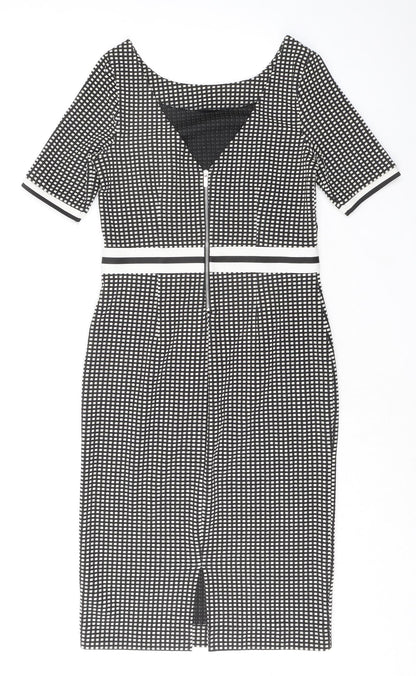 Next Womens Black Geometric Polyester Shift Size 8 Round Neck Zip