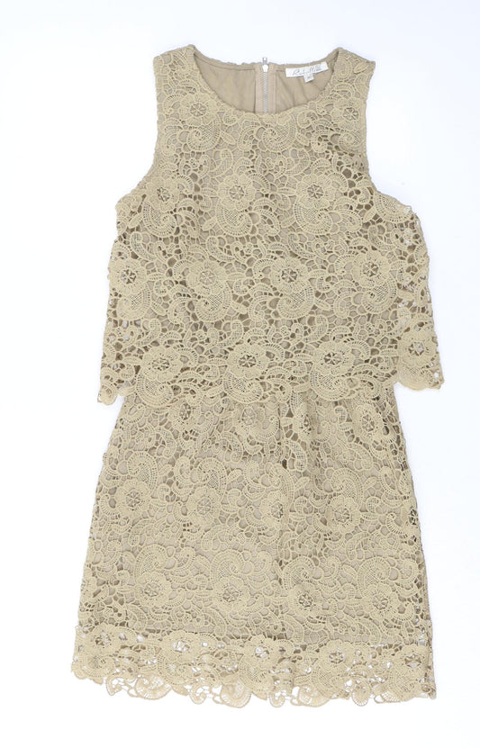 Rebellion Womens Beige Floral Polyester Shift Size M Round Neck Zip