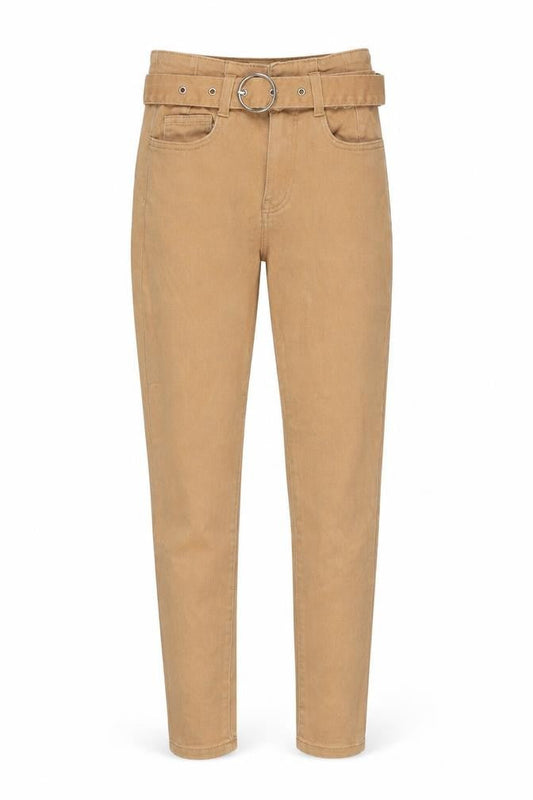 Front view of Denim & Co. women’s brown cotton skinny jeans, size UK 6, 27-inch leg regular buckle