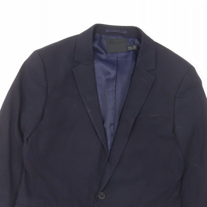 Close-up detail of ASOS men’s blue polyester jacket suit jacket, size 36, regular