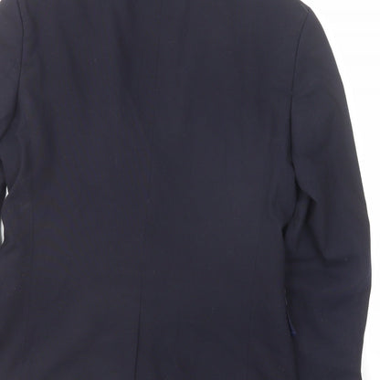 Brand and care label for ASOS men’s blue polyester jacket suit jacket, size 36, regular