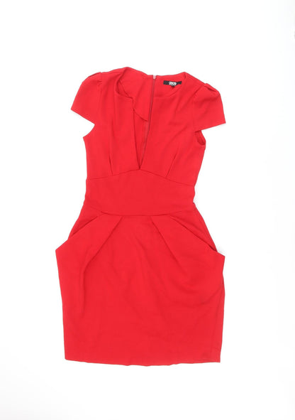 Additional front view of ASOS women’s red acrylic shift, size UK 10, v-neck zip