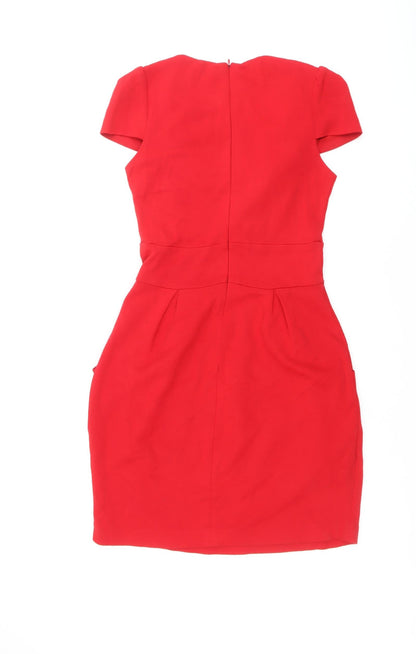 Back view of ASOS women’s red acrylic shift, size UK 10, v-neck zip