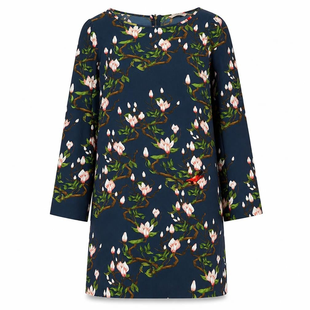 Dailing Womens Blue Floral Polyester A-Line Size M Round Neck Zip