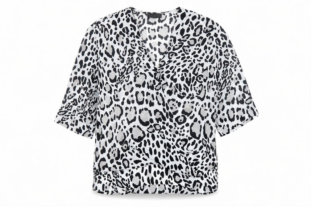 Topshop Womens Black Animal Print Polyester Basic Blouse Size 6 V-Neck - Wrap Front Detail