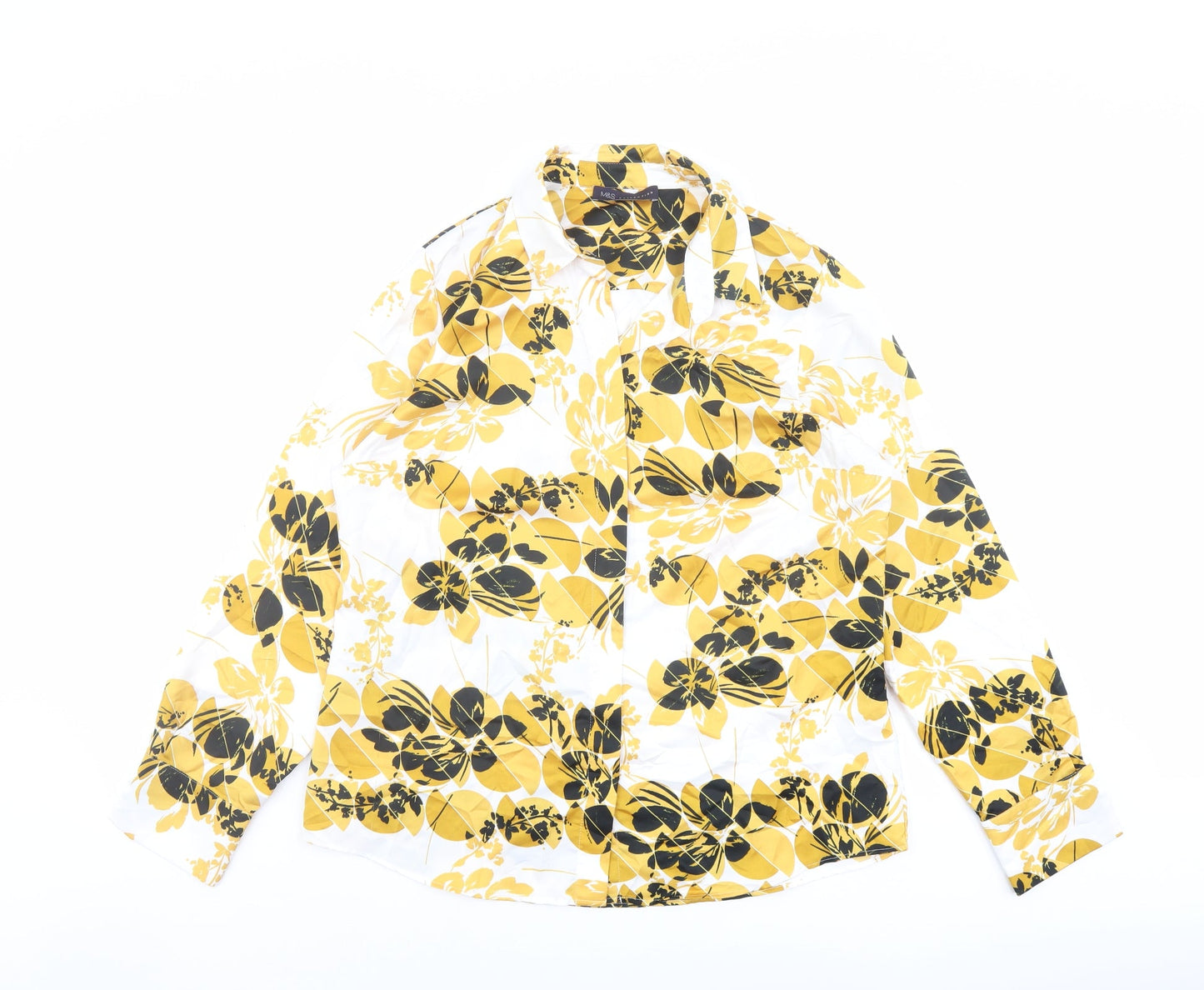 Marks and Spencer Womens Yellow Geometric Polyester Basic Button-Up Size 14 Collared