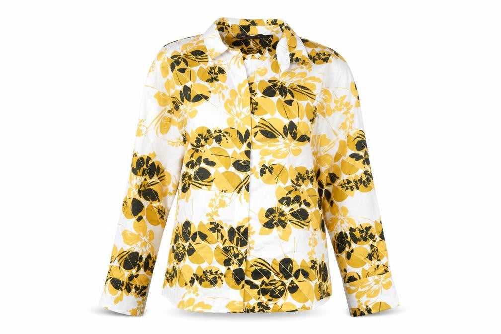 Marks & Spencer Womens Yellow Geometric Polyester Basic Button-Up Size 14 Collared
