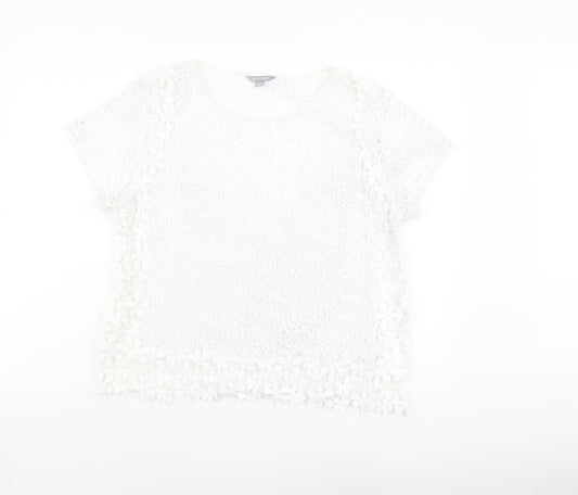Suzanne Grae Womens White Floral Polyester Basic T-Shirt Size L Round Neck