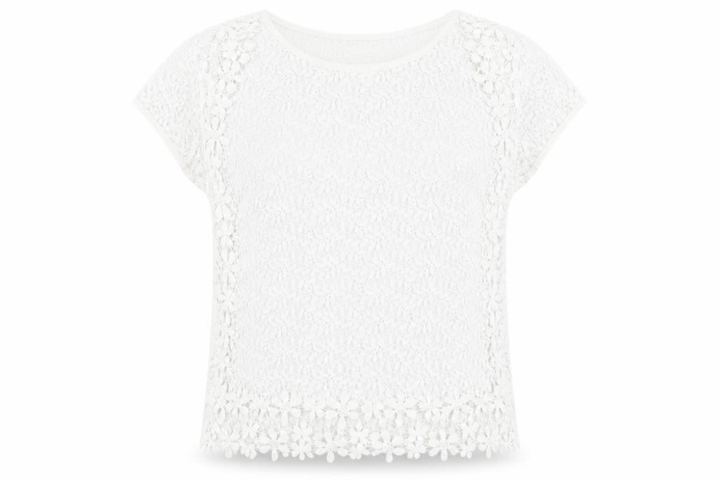 Suzanne Grae Womens White Floral Polyester Basic T-Shirt Size L Round Neck