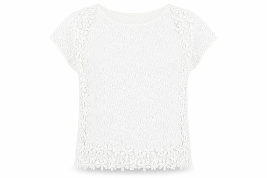 Suzanne Grae Womens White Floral Polyester Basic T-Shirt Size L Round Neck
