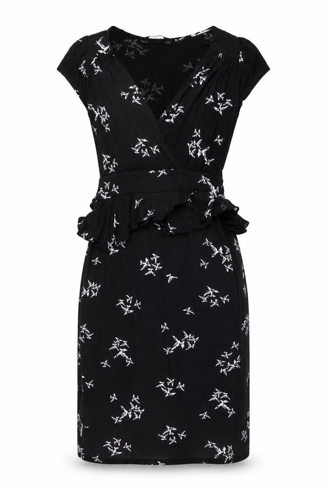 Dorothy Perkins Womens Black Geometric Viscose A-Line Size 8 V-Neck Pullover - Bird pattern