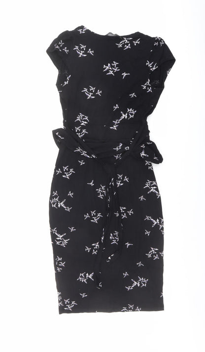 Dorothy Perkins Womens Black Geometric Viscose A-Line Size 8 V-Neck Pullover - Bird pattern