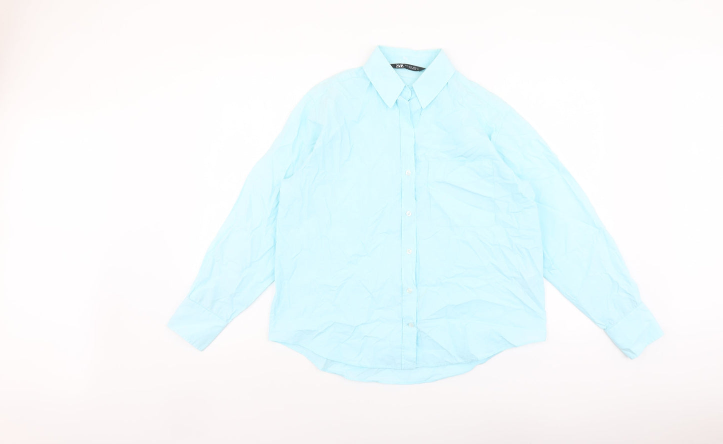 Zara Womens Blue Cotton Basic Button-Up Size S Collared