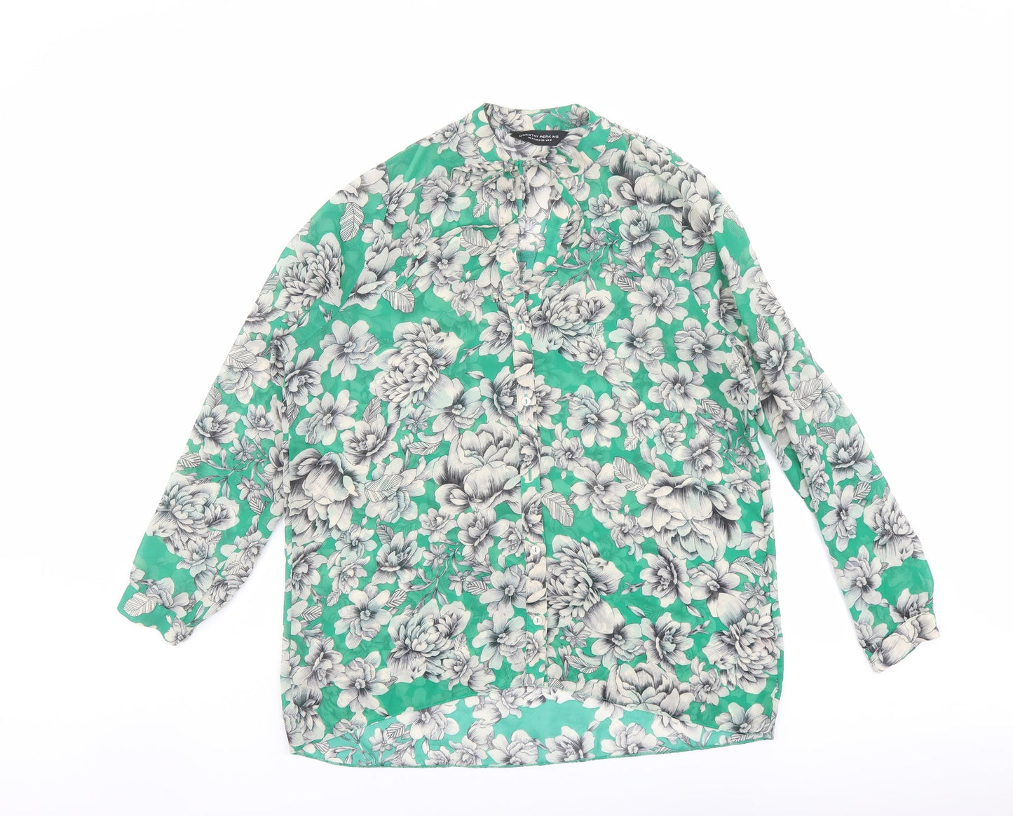 Dorothy Perkins Womens Green Floral Polyester Basic Button-Up Size 8 Round Neck