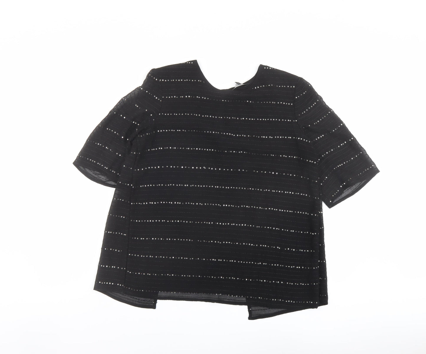 NEXT Womens Black Striped Polyester Basic T-Shirt Size 10 Round Neck