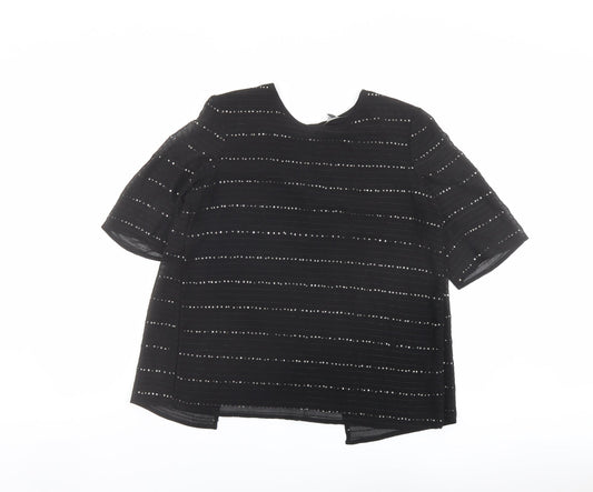 NEXT Womens Black Striped Polyester Basic T-Shirt Size 10 Round Neck