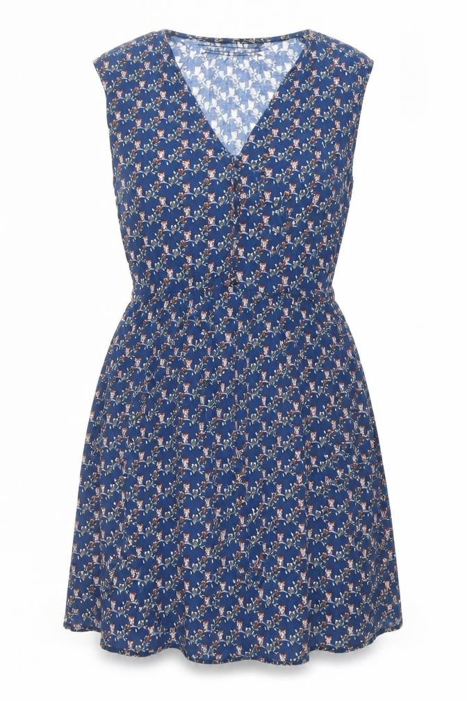 Zara Womens Blue Geometric Polyester A-Line Size S V-Neck Button - Owls