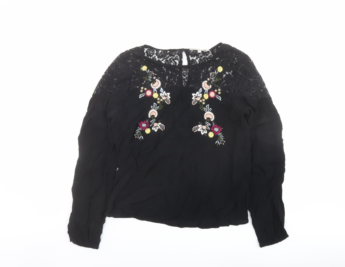 Red Herring Womens Black Viscose Basic Blouse Size 10 Boat Neck - Lace Detail