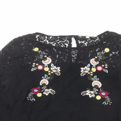Close-up detail of Red Herring women’s black viscose basic blouse, size UK 10, boat neck - lace detail
