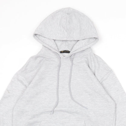 Close-up detail of I SAW IT FIRST women’s grey cotton pullover hoodie, size S, pullover