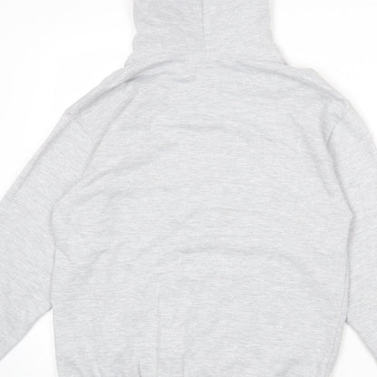 Brand and care label for I SAW IT FIRST women’s grey cotton pullover hoodie, size S, pullover