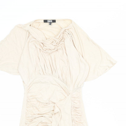 Close-up detail of ASOS women’s beige viscose mini, size UK 8, cowl neck pullover