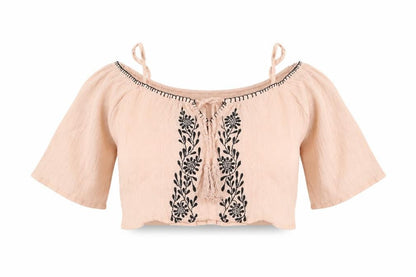 Front view of ASOS women’s pink cotton basic blouse, size UK 8, off the shoulder