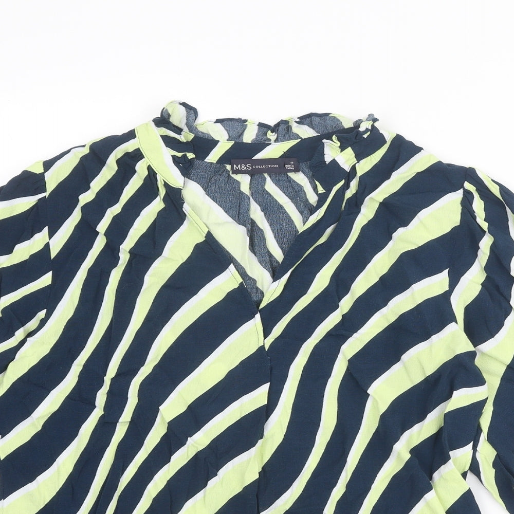 Marks and Spencer Womens Blue Striped Viscose Basic Blouse Size 10 V-Neck