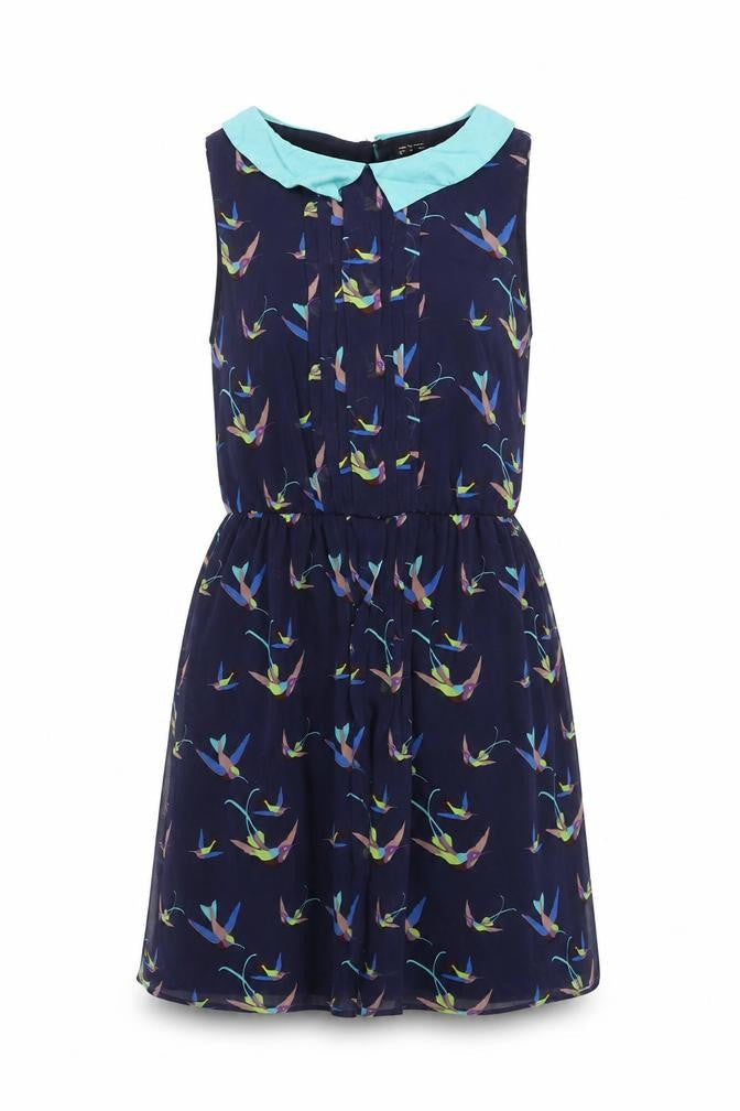Zara Womens Blue Geometric Polyester Shift Size S Collared Button - Bird pattern
