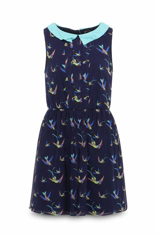 Zara Womens Blue Geometric Polyester Shift Size S Collared Button - Bird pattern