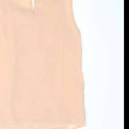 Brand and care label for Miss Selfridge women’s pink polyester basic tank, size UK 10, scoop neck