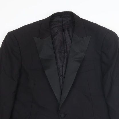 Close-up detail of Autograph men’s black wool tuxedo blazer, size 42, regular - five button sleeve