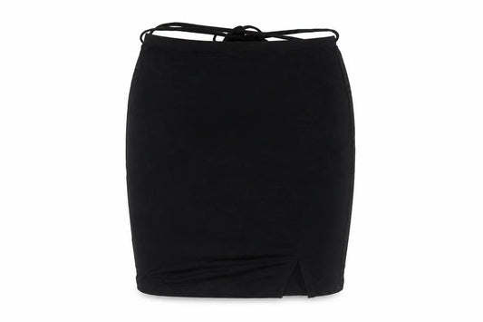 Front view of ASOS women’s black viscose bandage skirt, size UK 10, tie