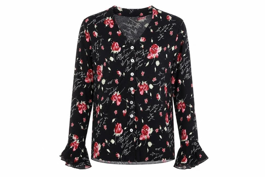 Kim & Co Womens Black Floral Polyester Basic Button-Up Size S V-Neck - Flared Sleeve
