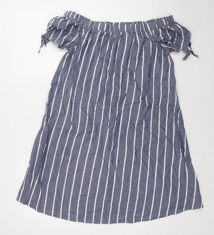 Back view of ASOS women’s blue striped cotton a-line, size UK 10, off the shoulder pullover