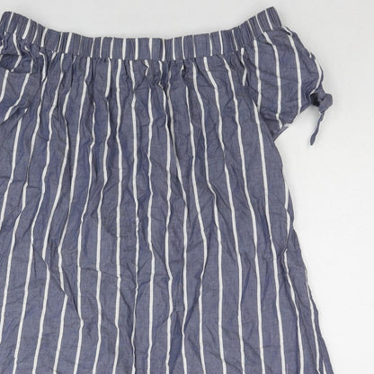 Close-up detail of ASOS women’s blue striped cotton a-line, size UK 10, off the shoulder pullover