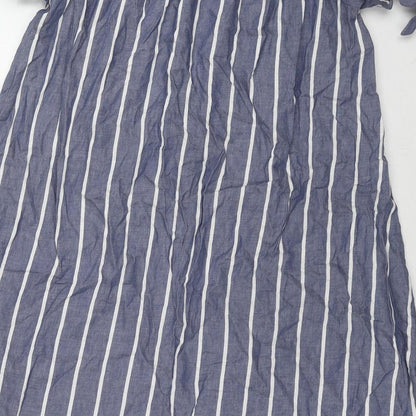 Brand and care label for ASOS women’s blue striped cotton a-line, size UK 10, off the shoulder pullover