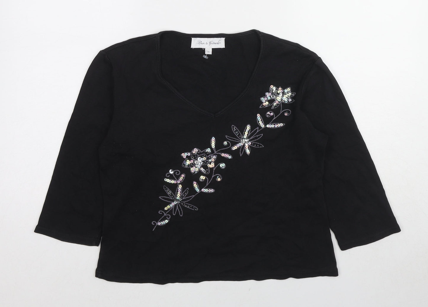 Pure & Natural Womens Black Cotton Basic T-Shirt Size M V-Neck - Floral Detail