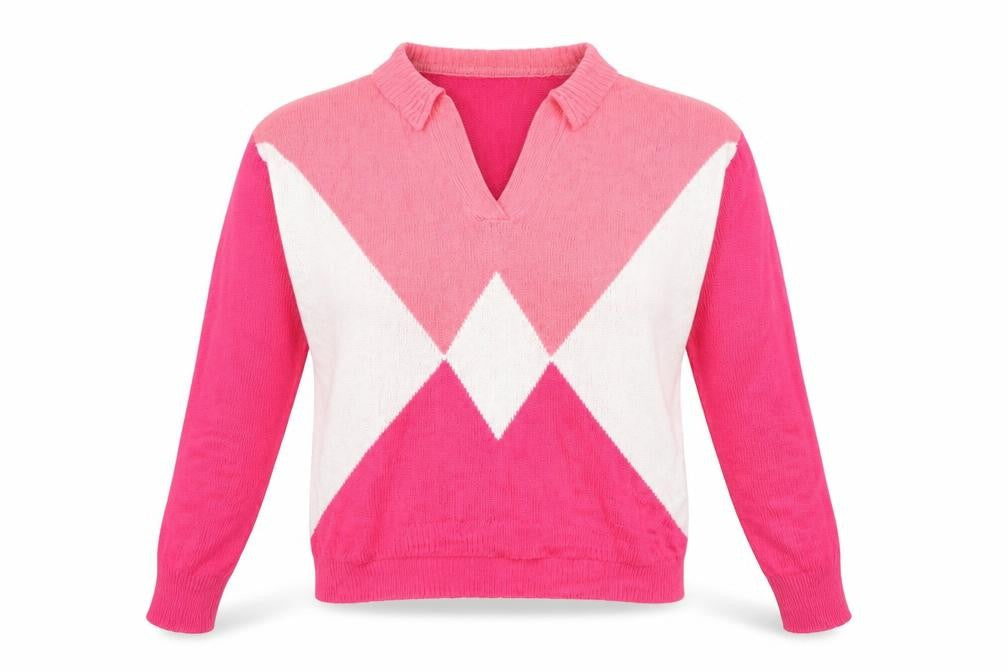 Brave Soul Womens Pink Collared Argyle/Diamond Acrylic Pullover Jumper Size S