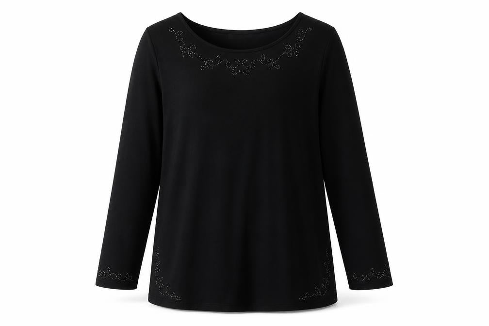 St Michael Womens Black Viscose Basic T-Shirt Size 12 Boat Neck - Embellished