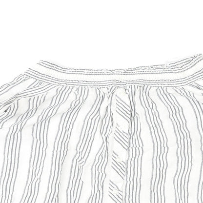 Close-up detail of Miss Selfridge women’s multicoloured striped polyester basic blouse, size UK 14, off the shoulder
