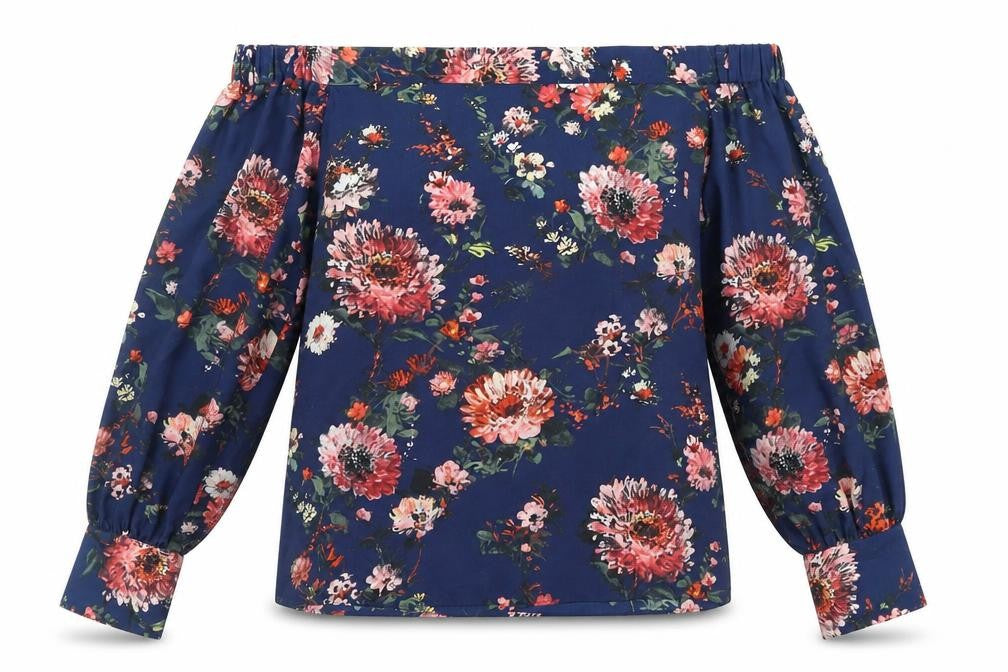 Warehouse Womens Blue Floral Polyester Basic Blouse Size 10 Off the Shoulder
