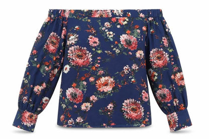 Warehouse Womens Blue Floral Polyester Basic Blouse Size 10 Off the Shoulder