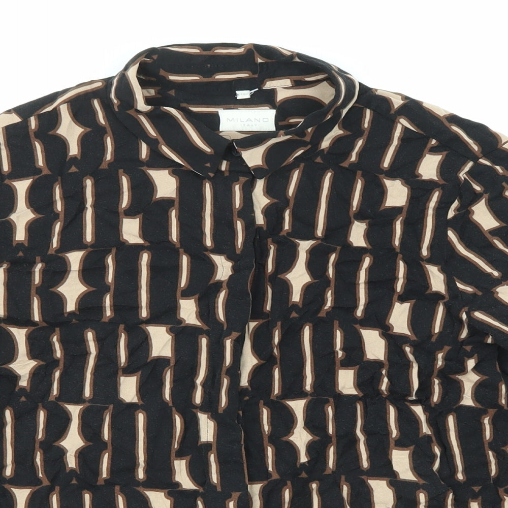 Milano Womens Black Geometric Viscose Basic Button-Up Size 12 Collared