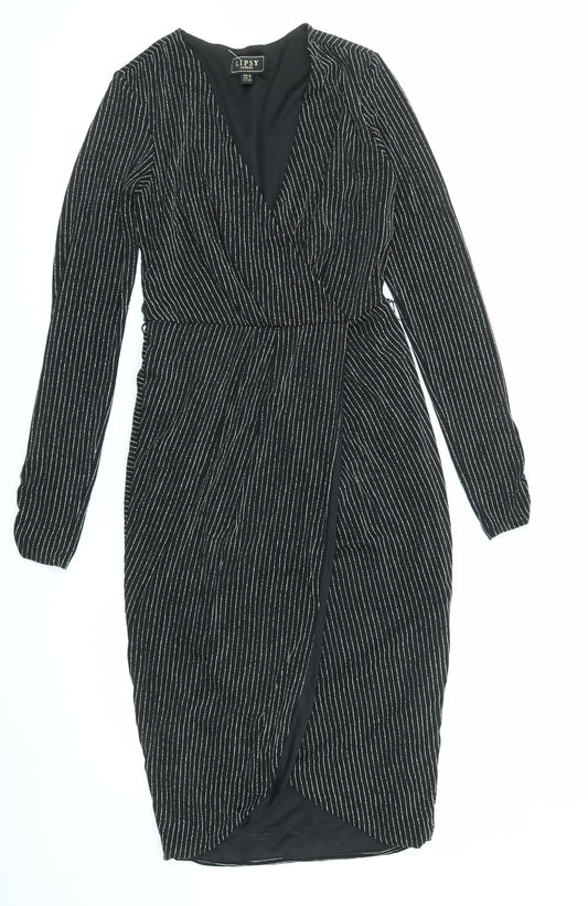 Lipsy Womens Black Striped Polyester A-Line Size 8 V-Neck Pullover