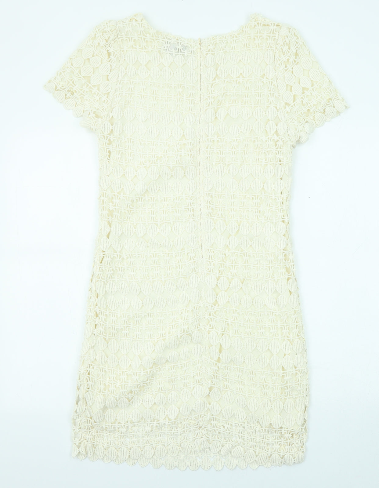Yumi Womens Beige Geometric Cotton Shift Size M Boat Neck Zip
