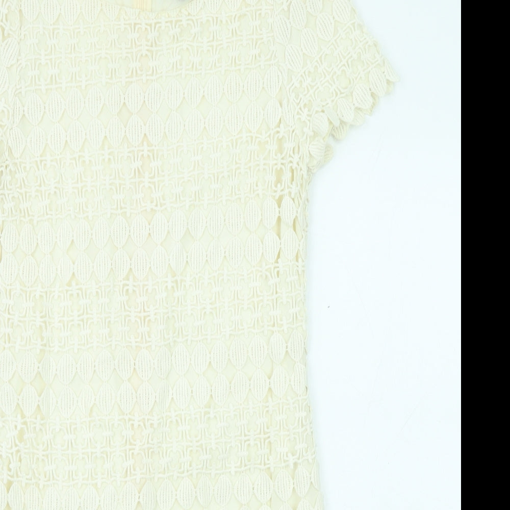 Yumi Womens Beige Geometric Cotton Shift Size M Boat Neck Zip