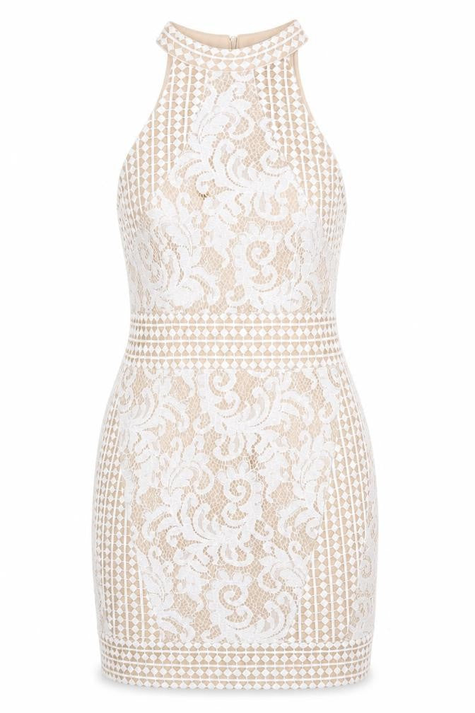 PRETTYLITTLETHING Womens Beige Geometric Polyester Bodycon Size 8 Crew Neck Zip